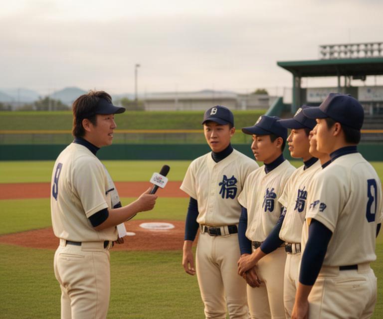 青森県の野球場で試合後に選手と取材スタッフが話す様子
