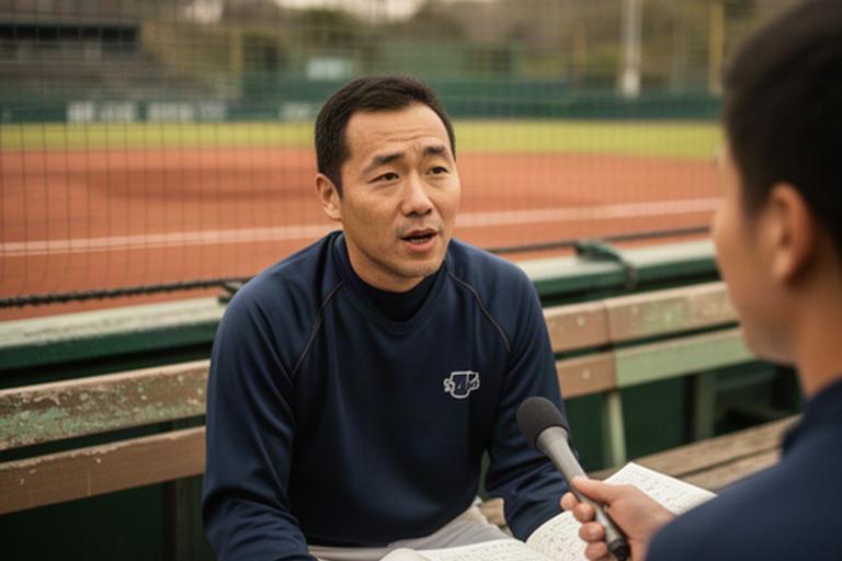 青森県の高校野球監督が試合後に球場のベンチで話す様子