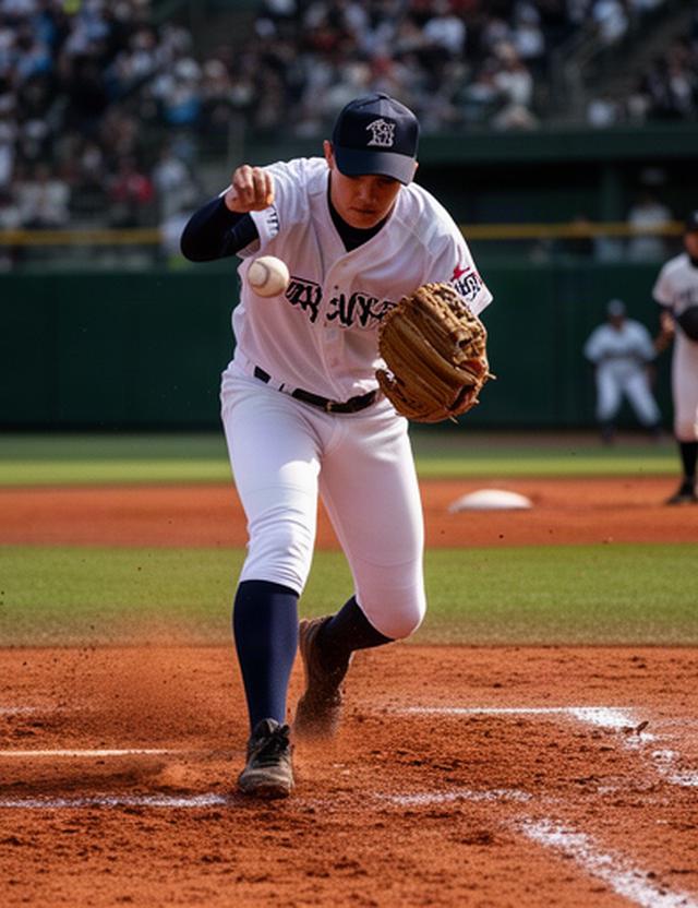 高校野球の内野手が土のグラウンドで守備につく注目プレー